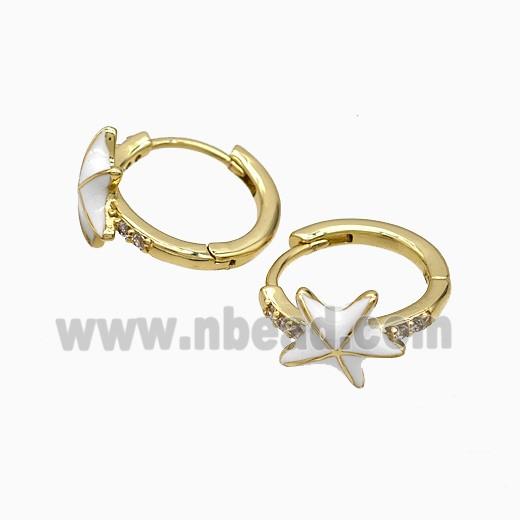 Copper Starfish Hoop Earrings White Enamel Gold Plated