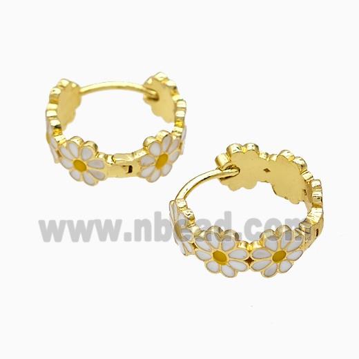 Copper Flower Hoop Earrings White Enamel Gold Plated