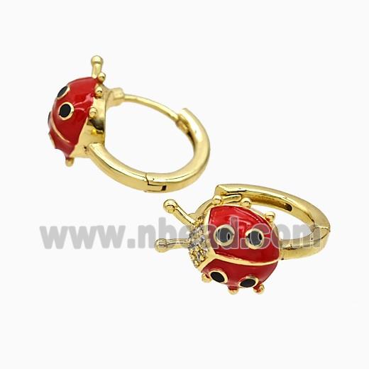 Copper Ladybug Hoop Earrings Pave Zirconia Red Enamel Gold Plated