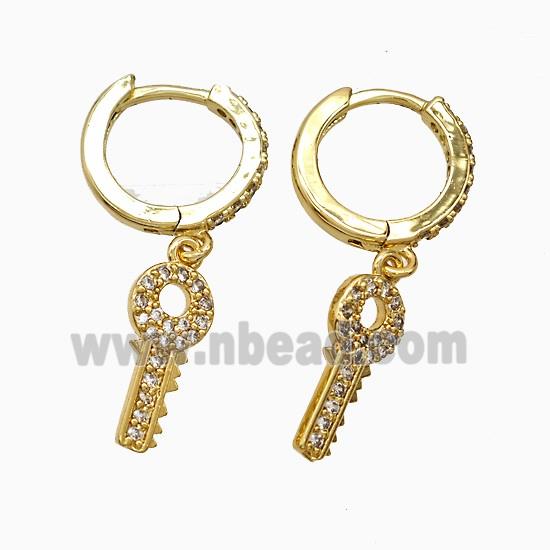 Copper Key Hoop Earrings Pave Zirconia Gold Plated