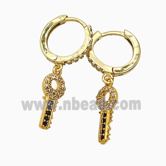 Copper Key Hoop Earrings Pave Zirconia Gold Plated