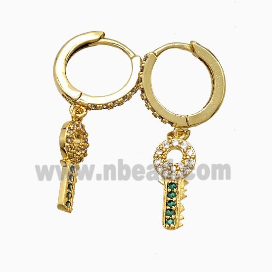 Copper Key Hoop Earrings Pave Zirconia Gold Plated