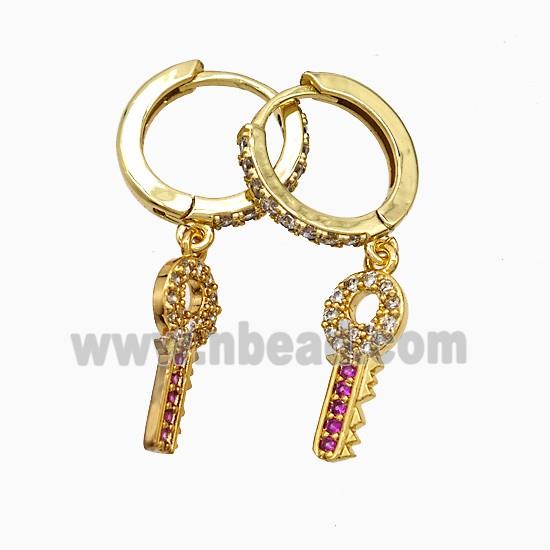 Copper Key Hoop Earrings Pave Zirconia Gold Plated