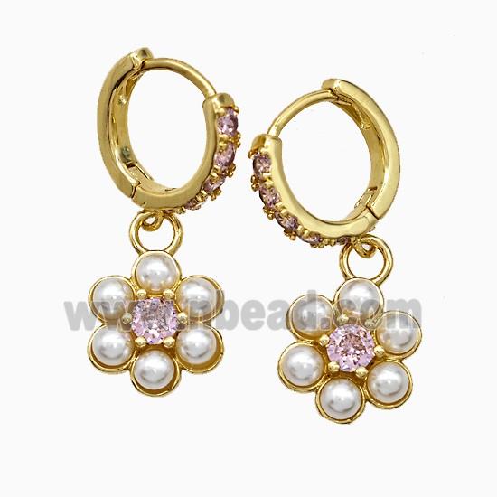 Copper Flower Hoop Earrings Pave Zirconia Pearlized Resin Gold Plated