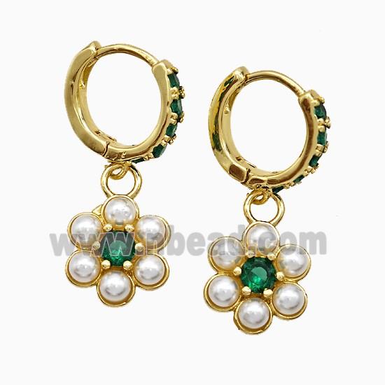 Copper Flower Hoop Earrings Pave Zirconia Pearlized Resin Gold Plated