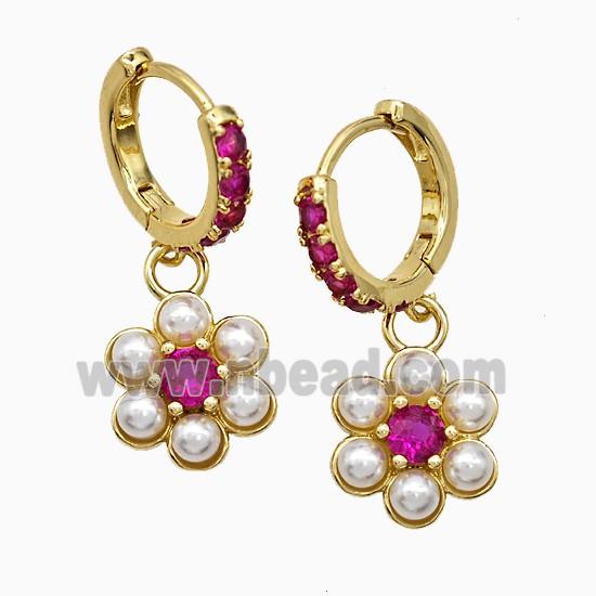 Copper Flower Hoop Earrings Pave Zirconia Pearlized Resin Gold Plated