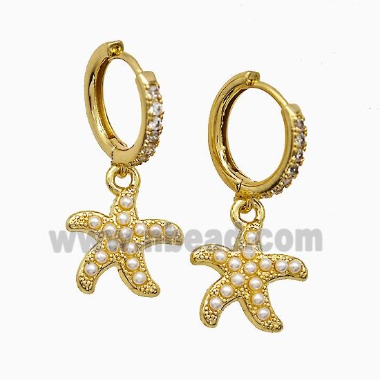 Copper Starfish Hoop Earrings Pave Zirconia Pearlized Resin Gold Plated