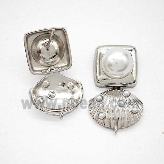 Copper Scallop Shell Stud Earrings Pave Pearlized Resin Platinum Plated