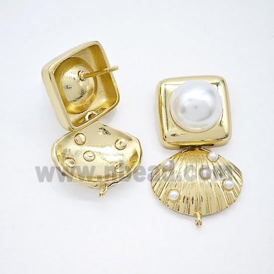 Copper Scallop Shell Stud Earrings Pave Pearlized Resin Gold Plated