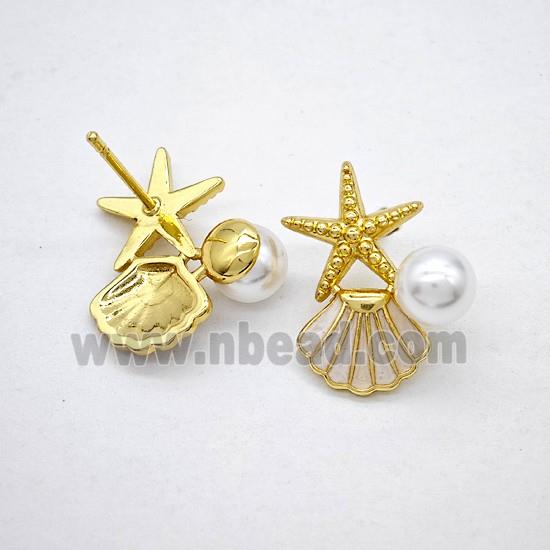 Copper Starfish Scallop Stud Earrings Pave Pearlized Resin Enamel Gold Plated