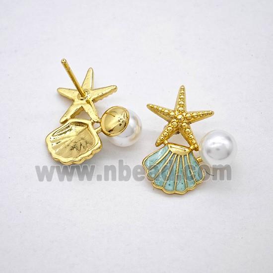 Copper Starfish Scallop Stud Earrings Pave Pearlized Resin Enamel Gold Plated