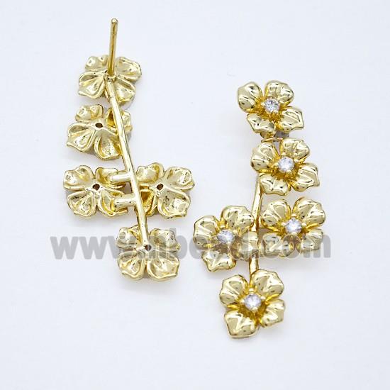 Copper Flower Stud Earrings Pave Zirconia Gold Plated