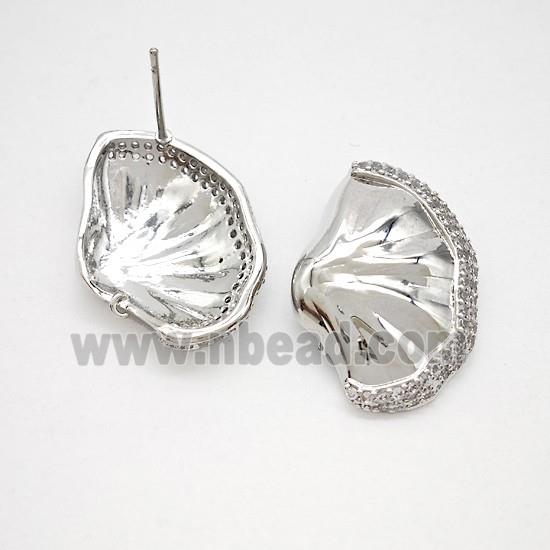 Copper Scallop Shell Stud Earrings Pave Zirconia Platinum Plated
