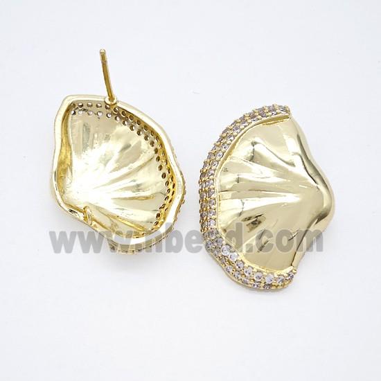 Copper Scallop Shell Stud Earrings Pave Zirconia Gold Plated