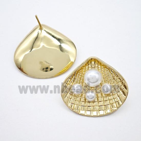 Copper Scallop Shell Stud Earrings Pave Pearlized Resin Gold Plated