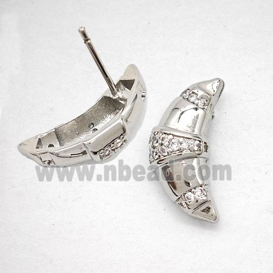 Copper Moon Stud Earrings Pave Zirconia Platinum Plated