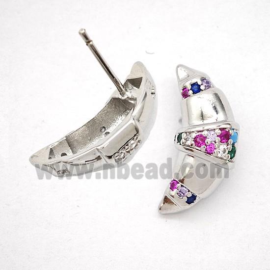 Copper Moon Stud Earrings Pave Multicolor Zirconia Platinum Plated