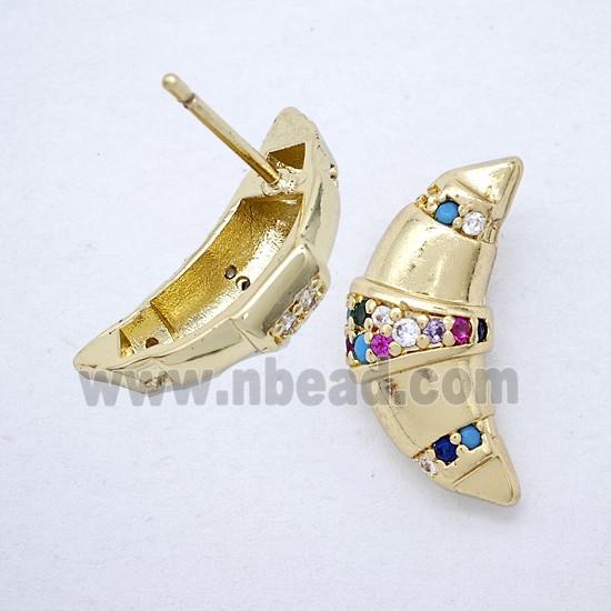 Copper Moon Stud Earrings Pave Multicolor Zirconia Gold Plated