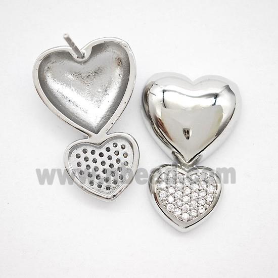 Copper Heart Stud Earrings Pave Zirconia Platinum Plated