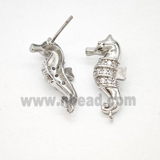 Copper Seahorse Stud Earrings Pave Zirconia Platinum Plated