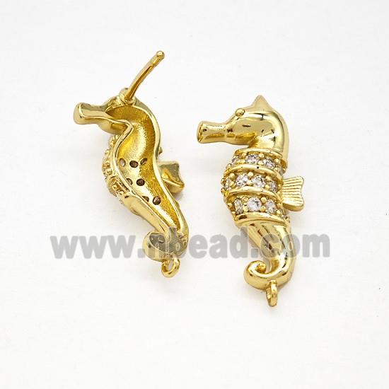 Copper Seahorse Stud Earrings Pave Zirconia Gold Plated