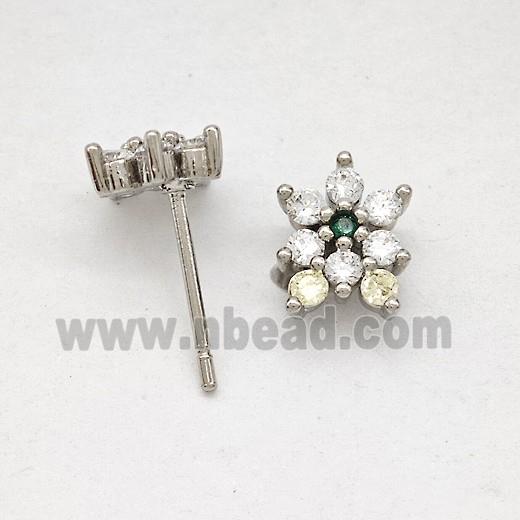 Copper Flower Stud Earrings Pave Zirconia Platinum Plated