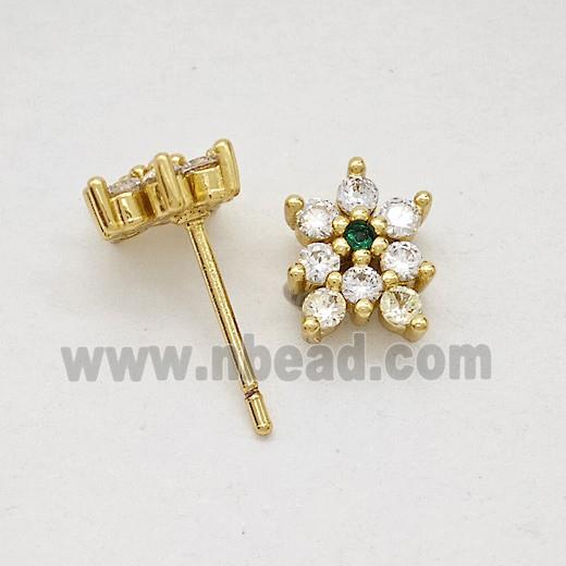 Copper Flower Stud Earrings Pave Zirconia Gold Plated