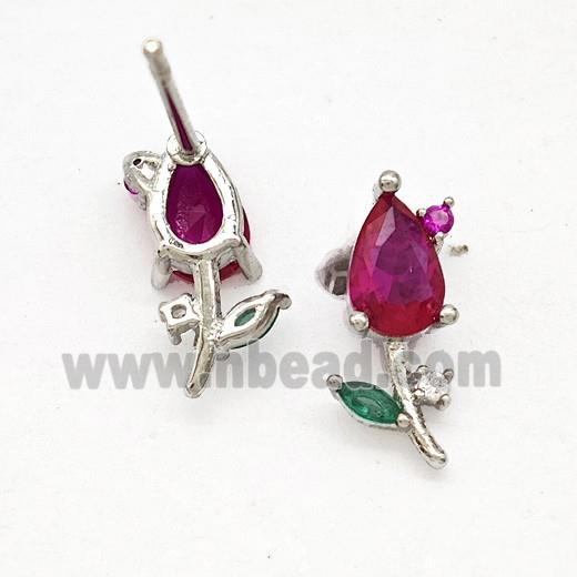 Copper Flower Stud Earrings Pave Crystal Glass Platinum Plated