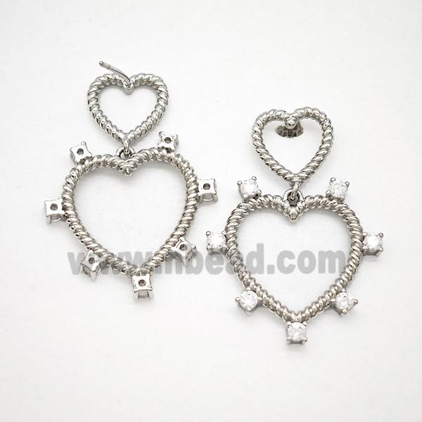 Copper Heart Stud Earrings Pave Zirconia Platinum Plated