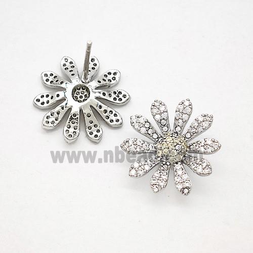 Copper Sunflower Stud Earrings Pave Zirconia Platinum Plated
