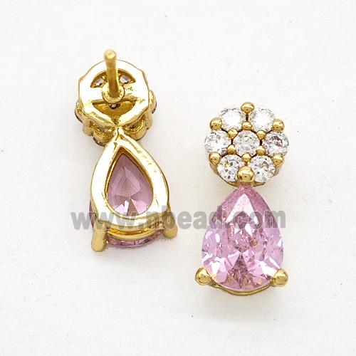 Copper Flower Stud Earrings Pave Zirconia Pink Crystal Glass Teardrop Gold Plated