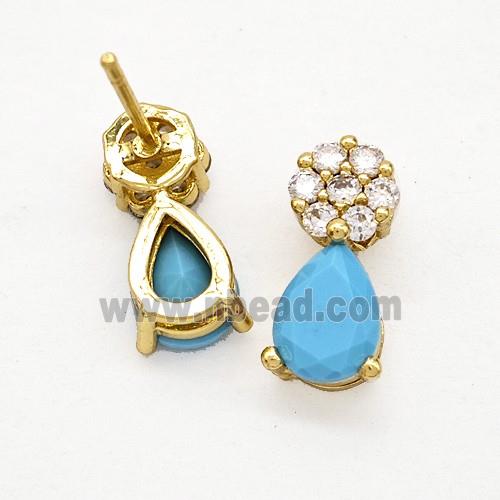Copper Flower Stud Earrings Pave Zirconia Blue Crystal Glass Teardrop Gold Plated