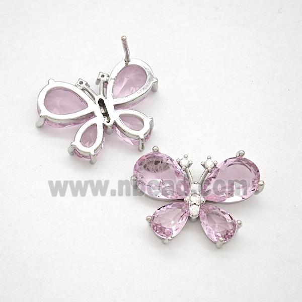 Copper Butterfly Stud Earrings Pave Pink Crystal Glass Platinum Plated