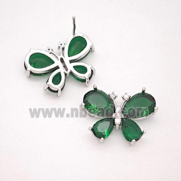 Copper Butterfly Stud Earrings Pave Green Crystal Glass Platinum Plated