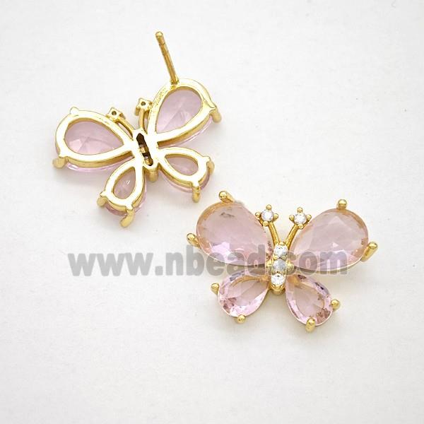Copper Butterfly Stud Earrings Pave Pink Crystal Glass Gold Plated