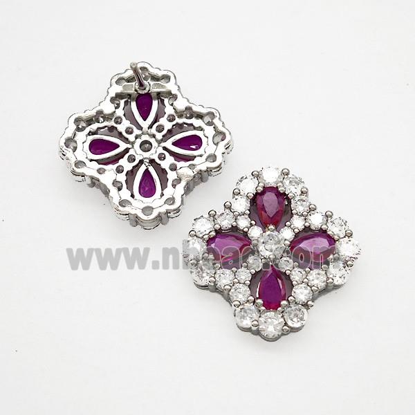 Copper Flower Stud Earrings Pave Zirconia Fuchsia Crystal Glass Platinum Plated