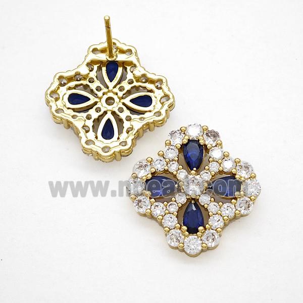 Copper Flower Stud Earrings Pave Zirconia Blue Crystal Glass Gold Plated