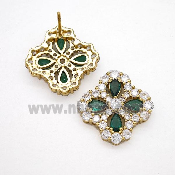Copper Flower Stud Earrings Pave Zirconia Green Crystal Glass Gold Plated