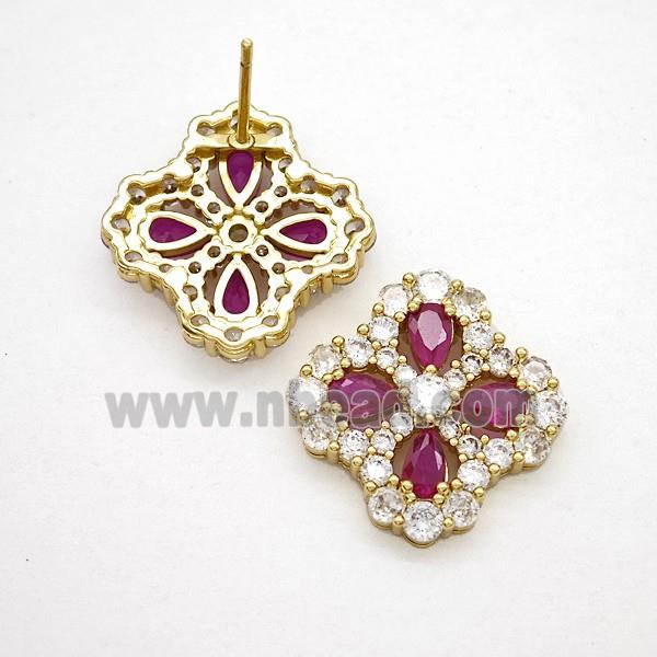 Copper Flower Stud Earrings Pave Zirconia Fuchsia Crystal Glass Gold Plated