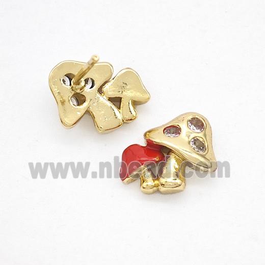 Copper Mushroom Stud Earrings Pave Zirconia Red Enamel Gold Plated