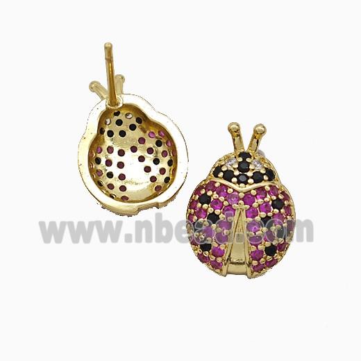 Copper Ladybug Stud Earrings Pave Zirconia Gold Plated