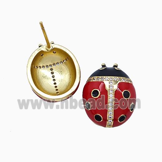 Copper Ladybug Stud Earrings Pave Zirconia Red Enamel Gold Plated