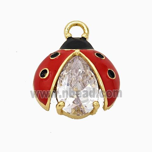 Copper Ladybug Pendant Pave Crystal Glass Red Enamel Gold Plated