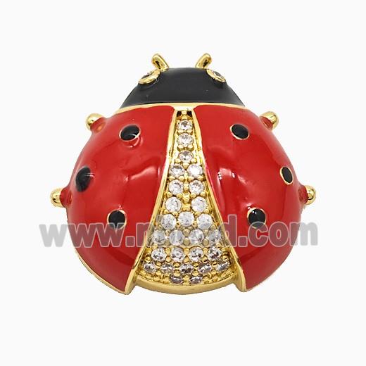 Copper Ladybug Pendant Pave Zirconia Red Enamel Gold Plated