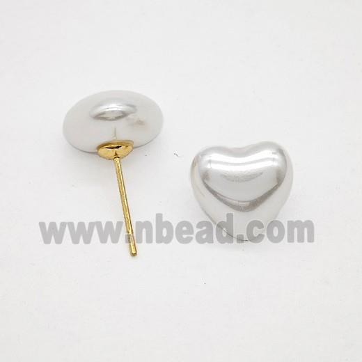 White Pearlized Resin Heart Stud Earrings Copper Gold Plated