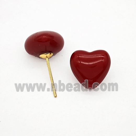 Red Pearlized Resin Heart Stud Earrings Copper Gold Plated