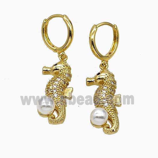 Copper Seahorse Hoop Earrings Pave Zirconia Pearlized Resin Gold Plated