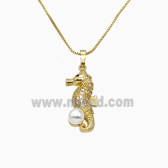 Copper Seahorse Necklace Pave Zirconia Pearlized Resin Gold Plated