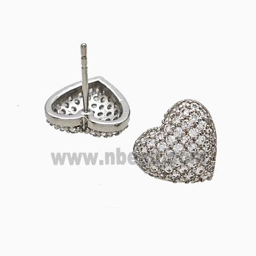 Copper Heart Stud Earrings Micropave Zirconia Platinum Plated