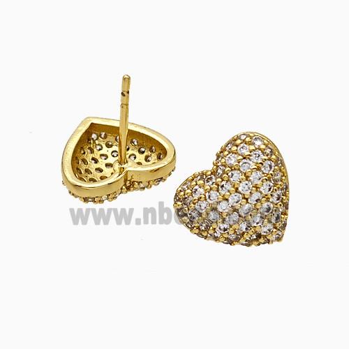 Copper Heart Stud Earrings Micropave Zirconia Gold Plated